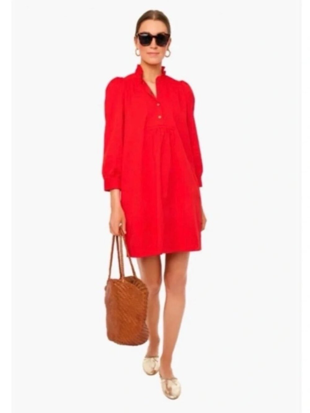 Pomander Place Tuckernuck Red Claiborne Dress Sz S Mini Ruffle Neck Puff Sleeves